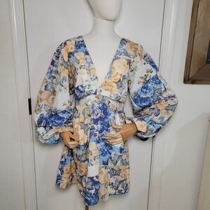 Showpo Emily Mini Dress Patchwork Floral V-Neck Long Sleeve Size 8
